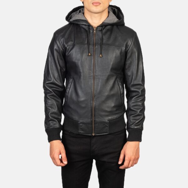 Edinburgh Black Hooded Leather Jacket - Image 2