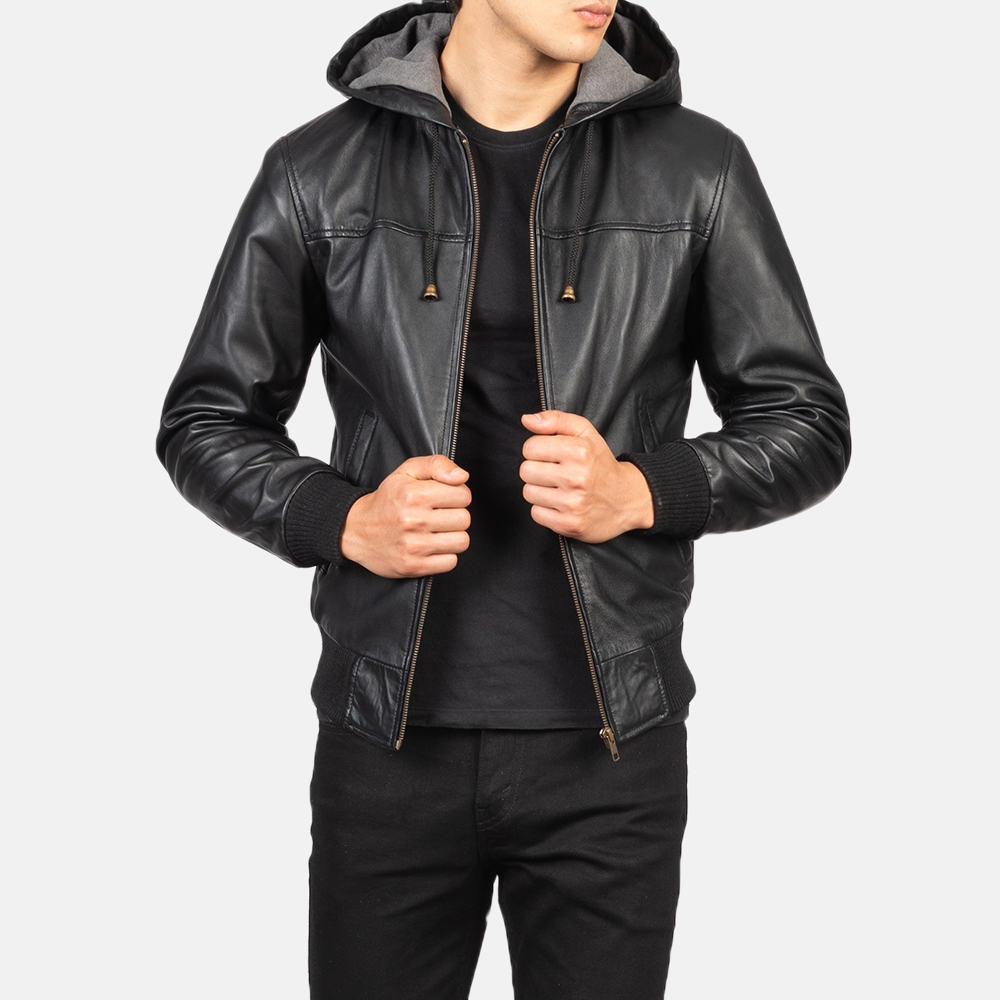 Black Hooded Leather Jacket with Removable Hood