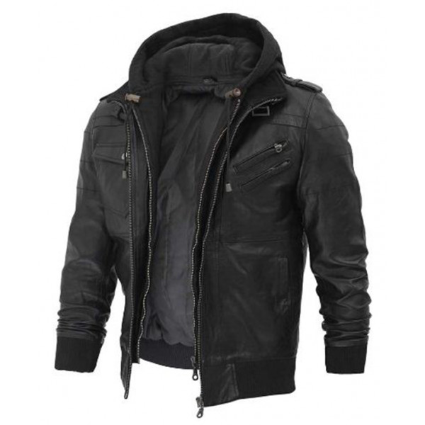 Black Hooded Leather Jacket with Removable Hood