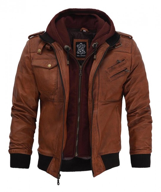 Mens Brown Bomber Jacket With Removable Hood