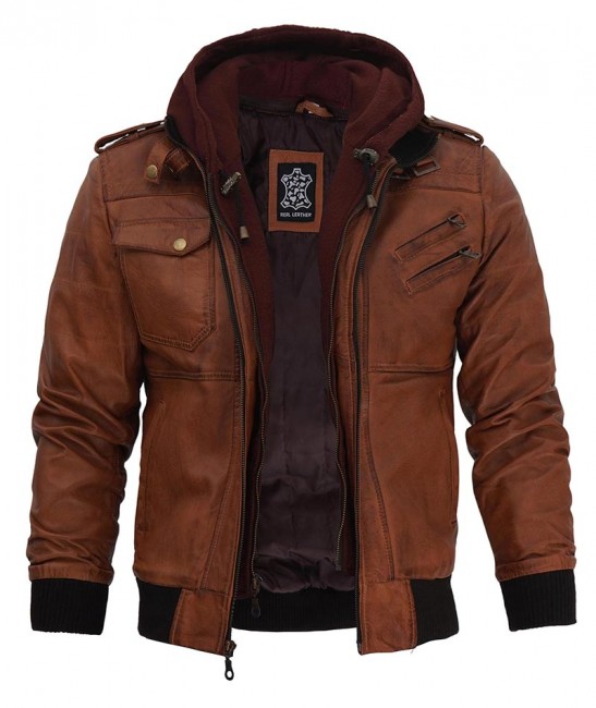 Mens Brown Bomber Jacket With Removable Hood