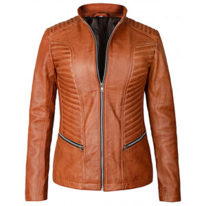 Women's Biker Style Casual Brown Leather Jacket