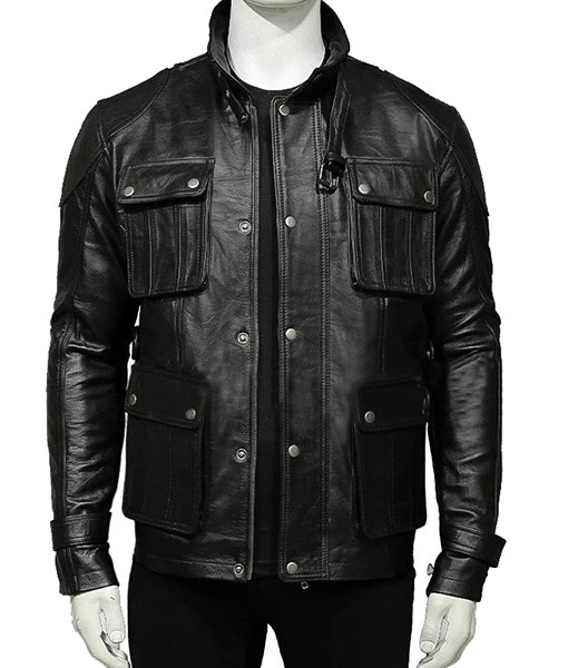 Mens Four Pocket Black Leather Jacket | Shoplectic