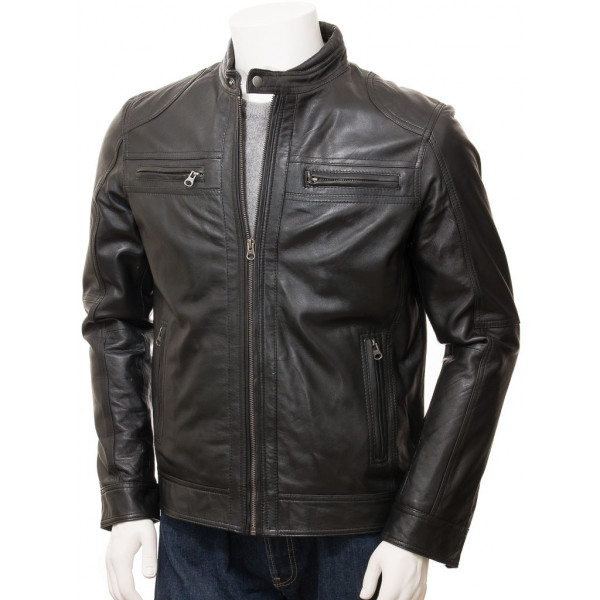 Black Leather Double Pockets Biker Jacket Men's - Shoplectic