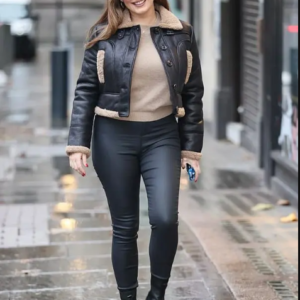 Kelly-Brook-Heart-Radio-Studios-Black-Cropped-Shearling-Jacket