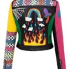 Women’s Graffiti Printed Cropped Leather Bikers Jacket - Image 2