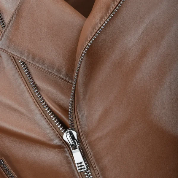 Men’s Quilted Shoulder Brown Leather Jacket - Image 5
