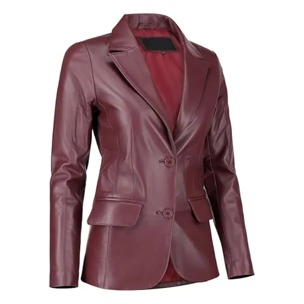 Womens Maroon Two Button Leather Blazer - Image 2