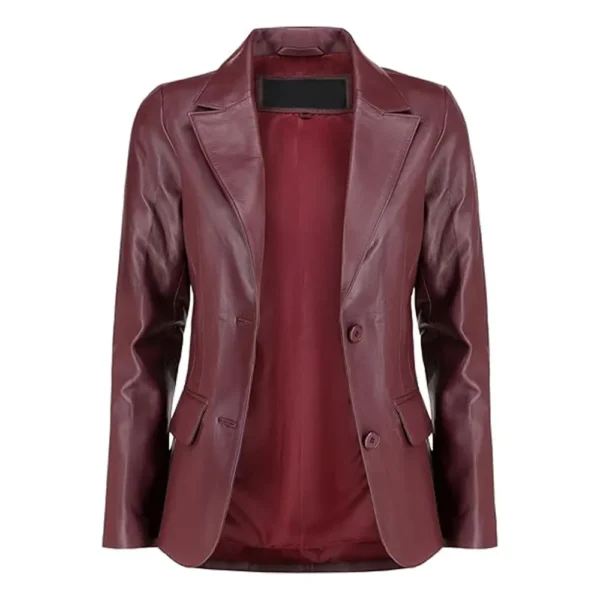 Womens Maroon Two Button Leather Blazer - Image 3