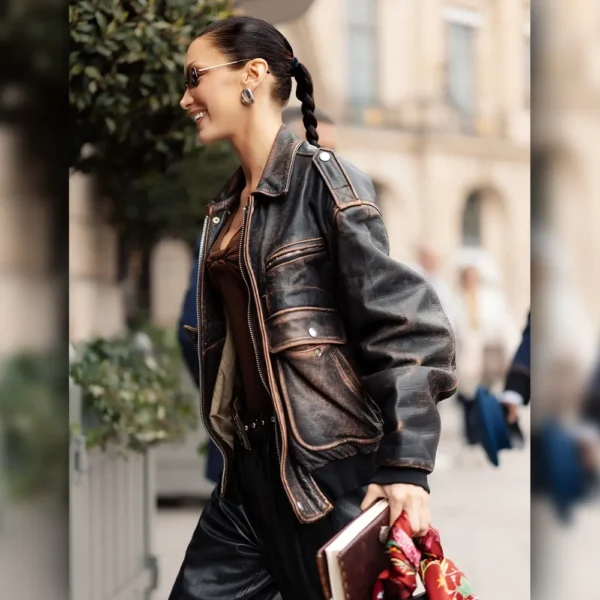 Bella Hadid Paris Distressed Leather Jacket