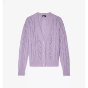 The Feud S01 Jill Halfpenny Purple Cable Cardigan