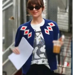 Materialists 2025 Dakota Johnson Blue Cardigan